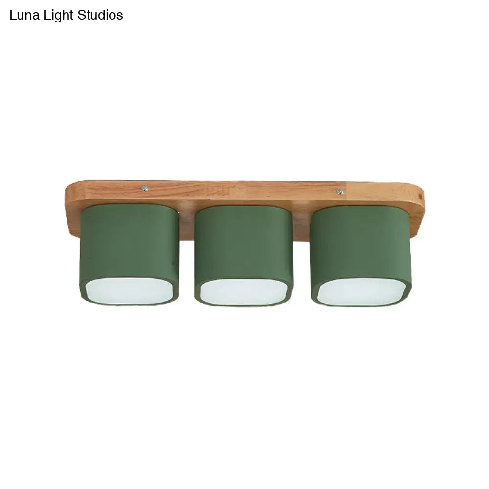 Simplicity 3-Bulb Iron Flush Mount Ceiling Fixture With Wooden Canopy - Green Square Design In