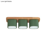 Simplicity 3-Bulb Iron Flush Mount Ceiling Fixture With Wooden Canopy - Green Square Design In