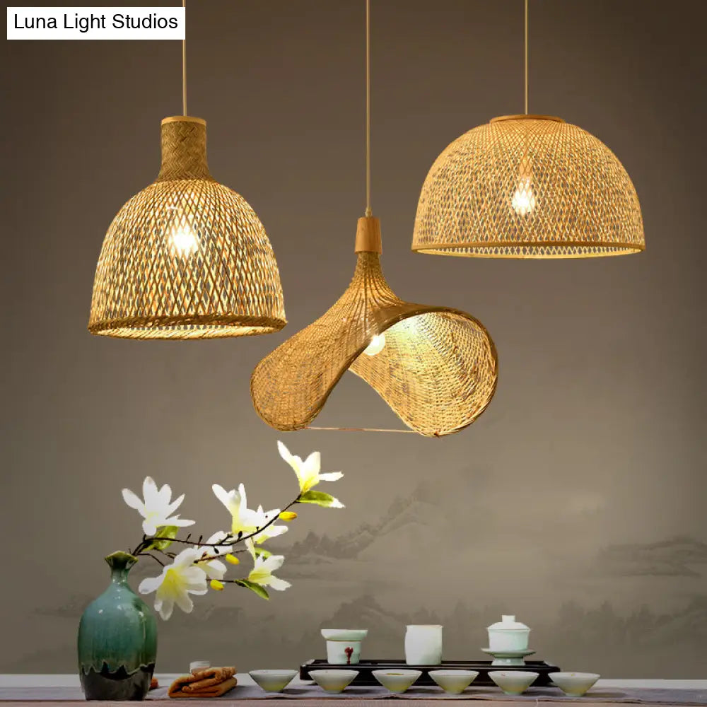 Simplicity Bamboo Pendant Light - 1-Light Wood Woven Suspension Lighting For Tea Room