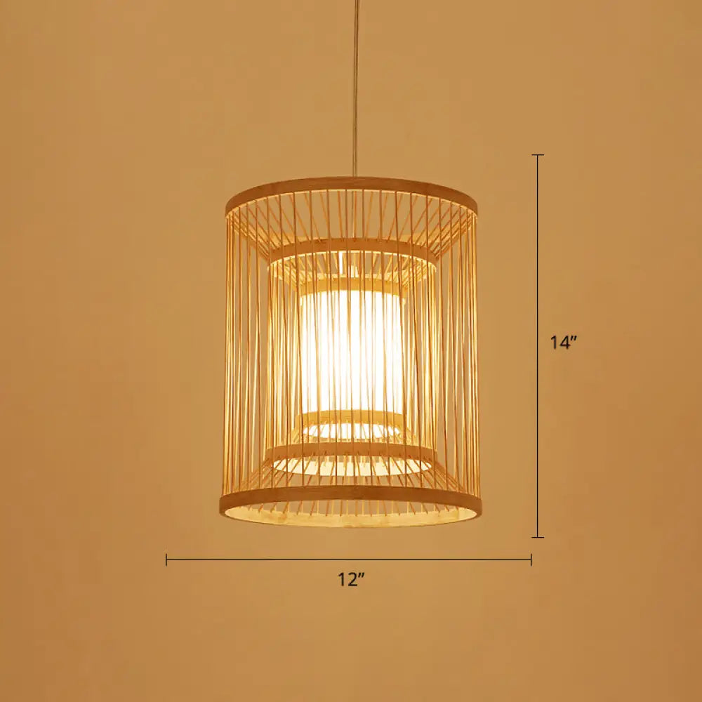 Simplicity Bamboo Tea Room Pendant Light: Cylindrical Suspension 1-Light Wood Fixture / 12