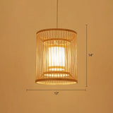 Simplicity Bamboo Tea Room Pendant Light: Cylindrical Suspension 1-Light Wood Fixture / 12
