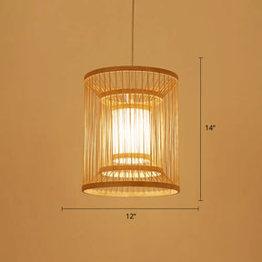 Simplicity Bamboo Tea Room Pendant Light: Cylindrical Suspension 1-Light Wood Fixture / 12