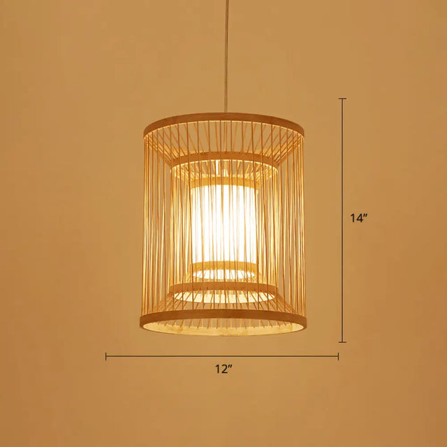 Simplicity Bamboo Tea Room Pendant Light: Cylindrical Suspension 1-Light Wood Fixture / 12