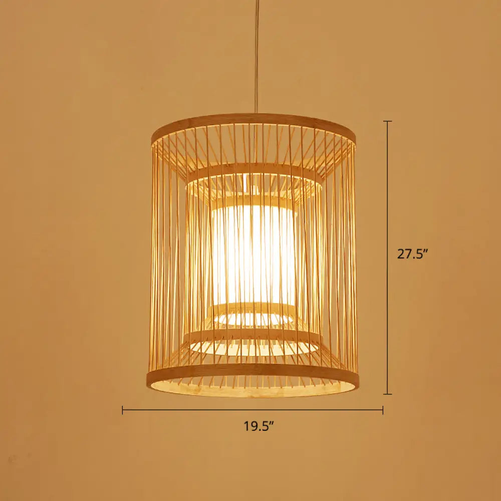 Simplicity Bamboo Tea Room Pendant Light: Cylindrical Suspension 1-Light Wood Fixture / 19.5