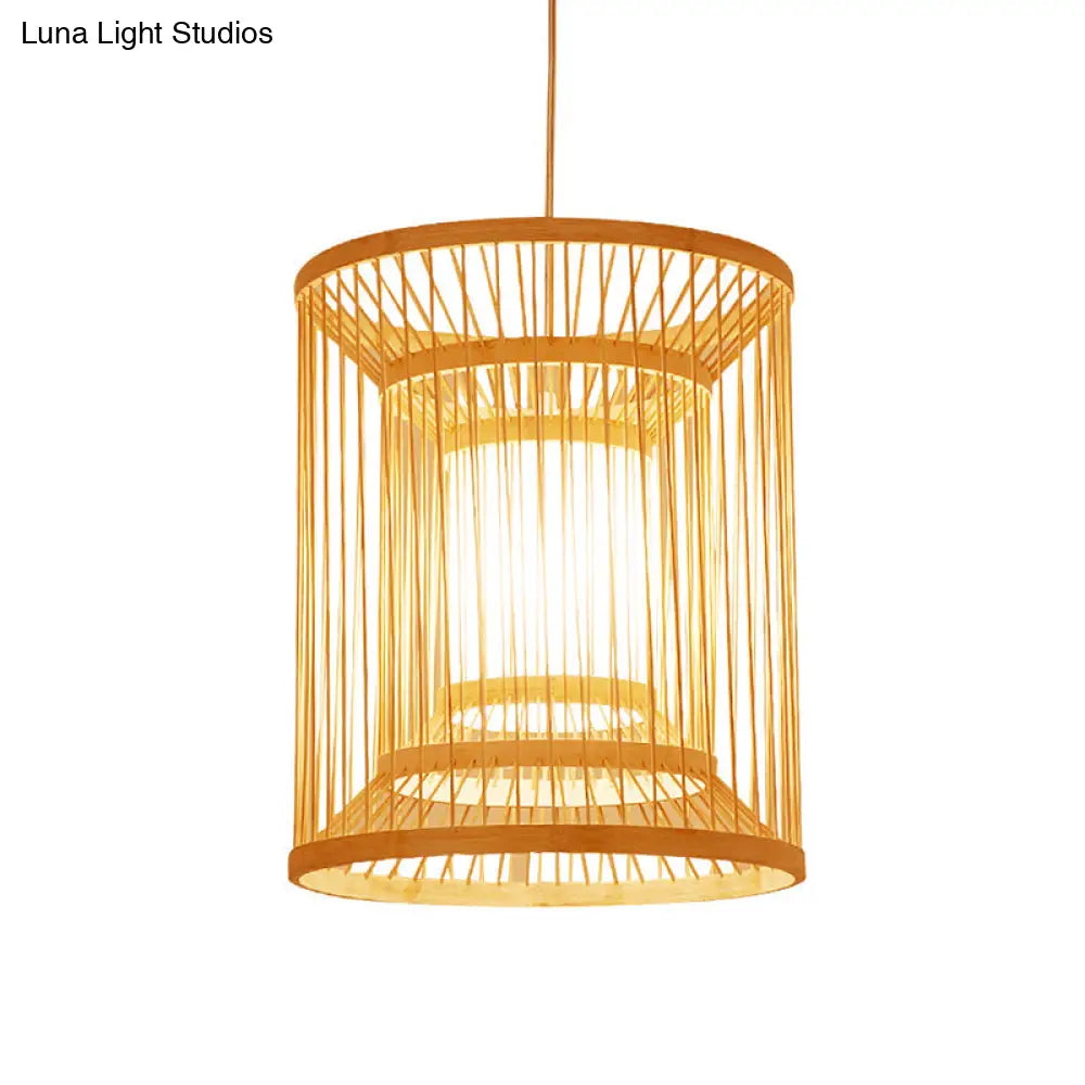 Simplicity Bamboo Tea Room Pendant Light: Cylindrical Suspension 1-Light Wood Fixture