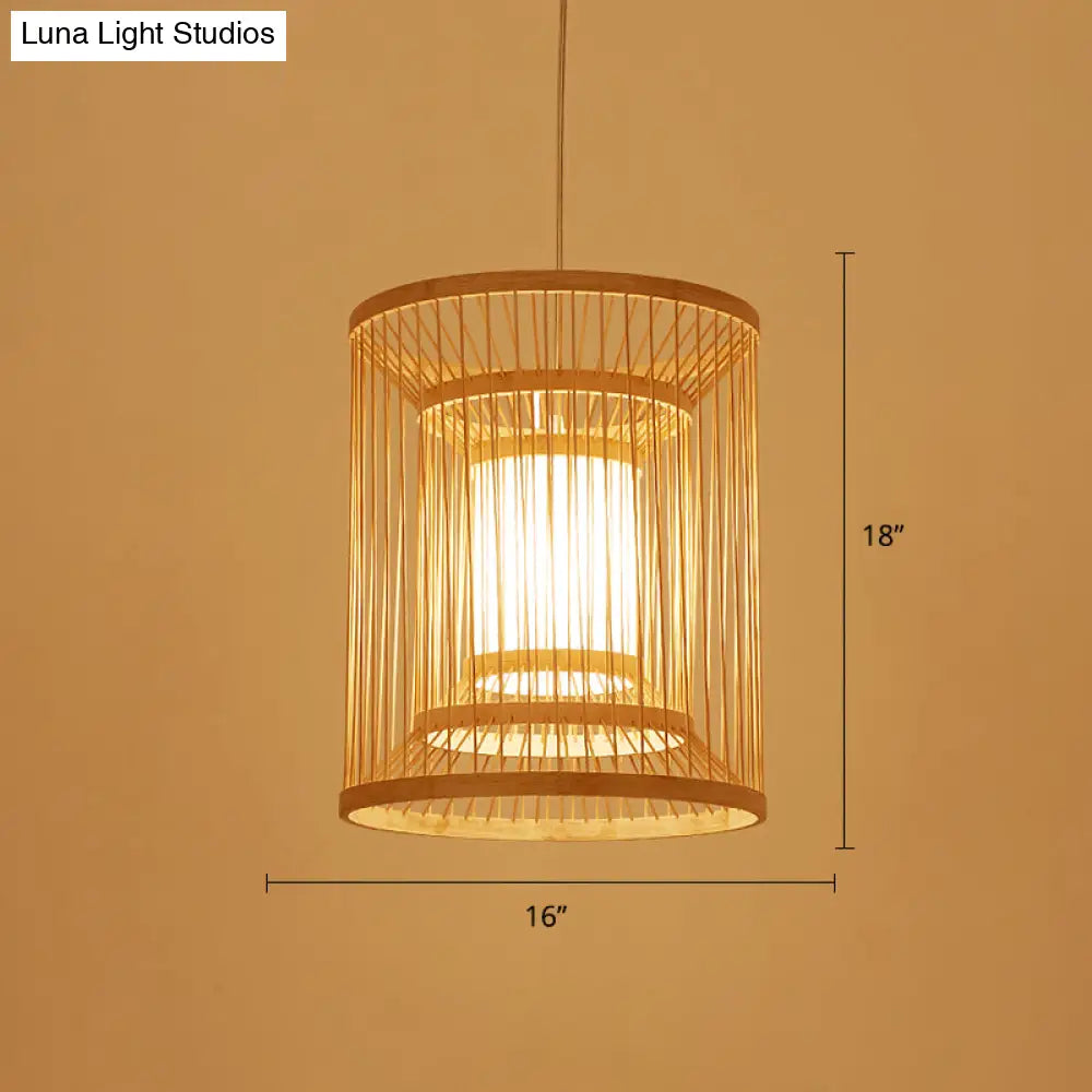 Simplicity Bamboo Tea Room Pendant Light: Cylindrical Suspension 1-Light Wood Fixture
