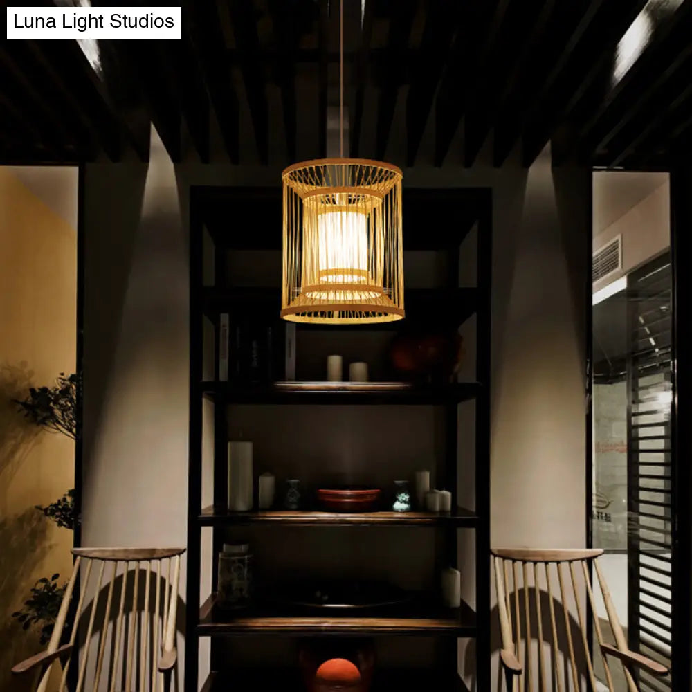 Simplicity Bamboo Tea Room Pendant Light: Cylindrical Suspension 1-Light Wood Fixture