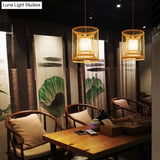 Simplicity Bamboo Tea Room Pendant Light: Cylindrical Suspension 1-Light Wood Fixture