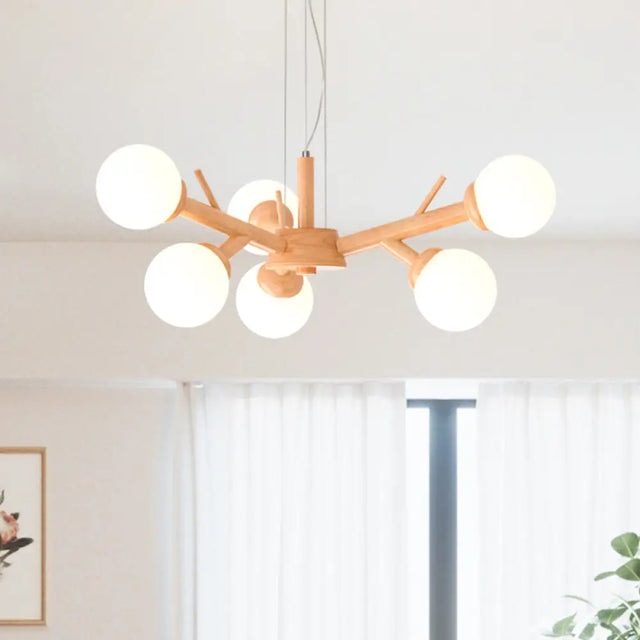 Simplicity Chandelier Light Fixture With Frosted Glass Shade - Wood Branch Ceiling Lighting 6 /
