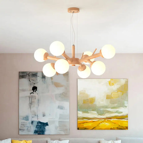 Simplicity Chandelier Light Fixture With Frosted Glass Shade - Wood Branch Ceiling Lighting 8 /