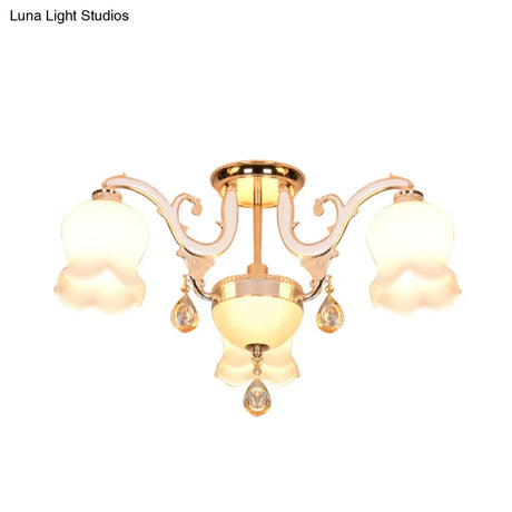 Simplicity Cream Glass Dining Room Ceiling Light With Gold Crystal Semi Flush - 4 Heads