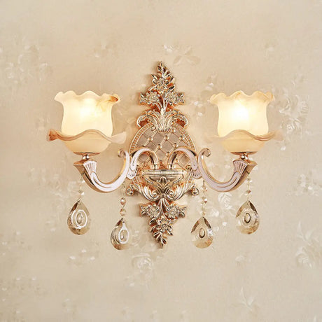 Simplicity Cream Glass Flower Wall Light With Gold Finish And Crystal Draping 2 / A