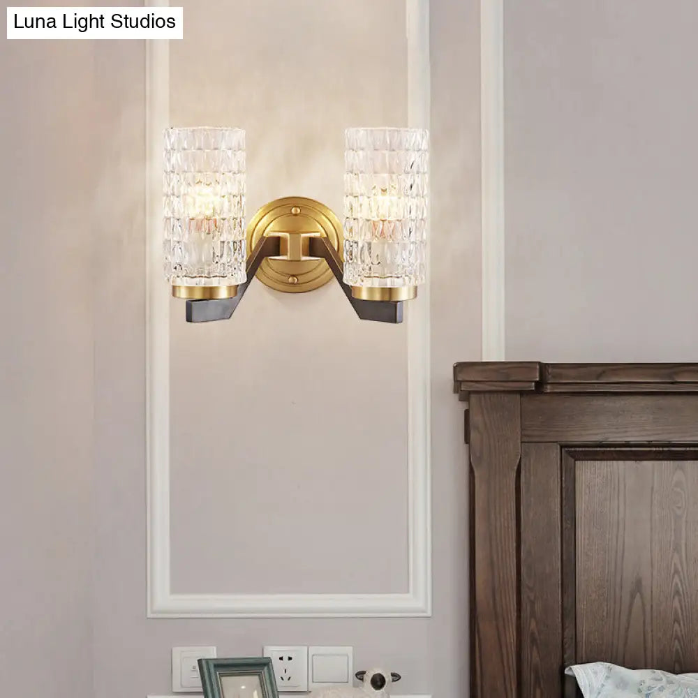 Simplicity Crystal Flush Wall Sconce With 2 Lights - Brass Bedside Fixture