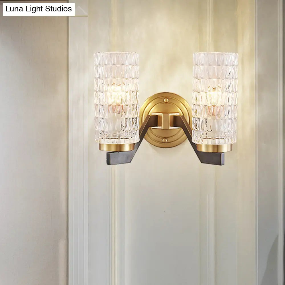 Simplicity Crystal Flush Wall Sconce With 2 Lights - Brass Bedside Fixture