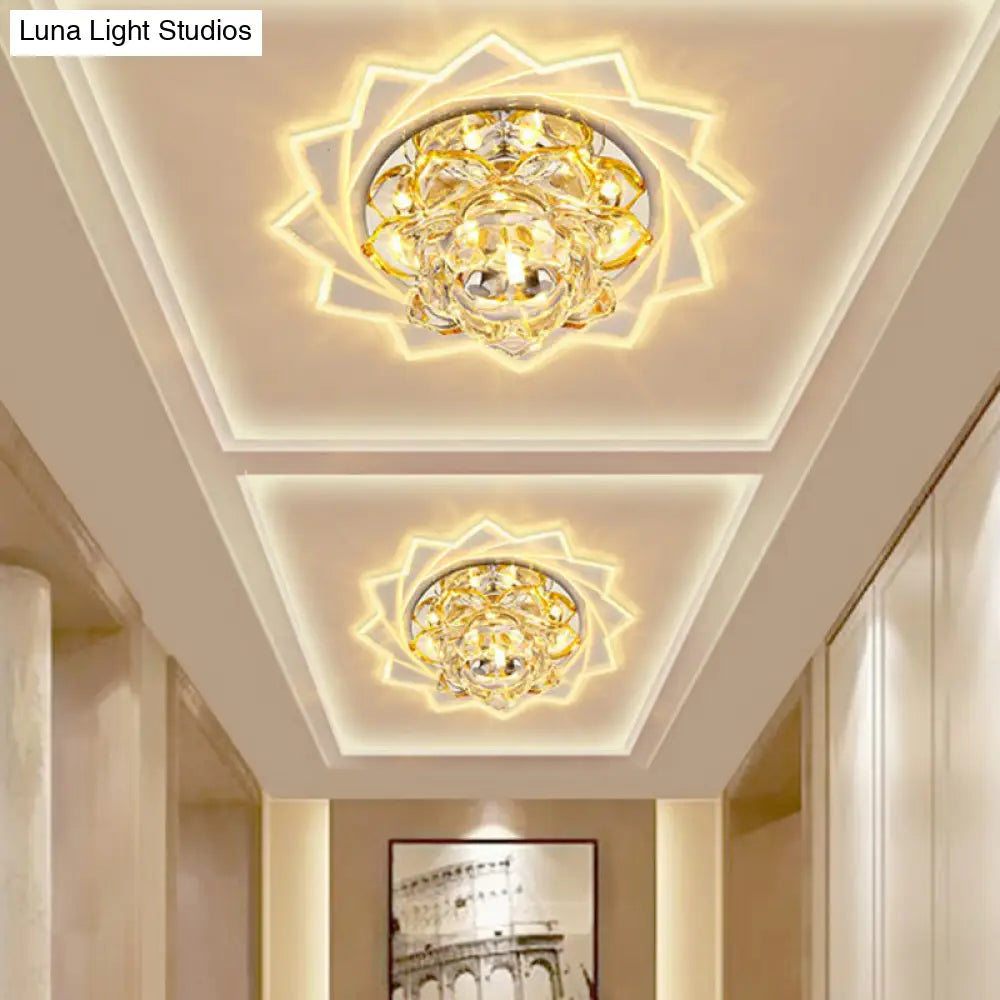 Simplicity Crystal Lotus Led Flush Mount Ceiling Light In Clear Ideal For Corridors