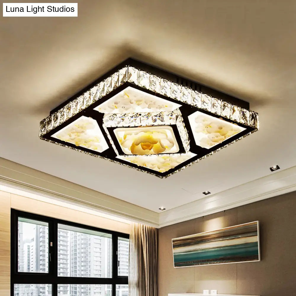 Simplicity Flushmount With Jade Lotus Design In Chrome - Square Bedroom Ceiling Led Crystal Flush