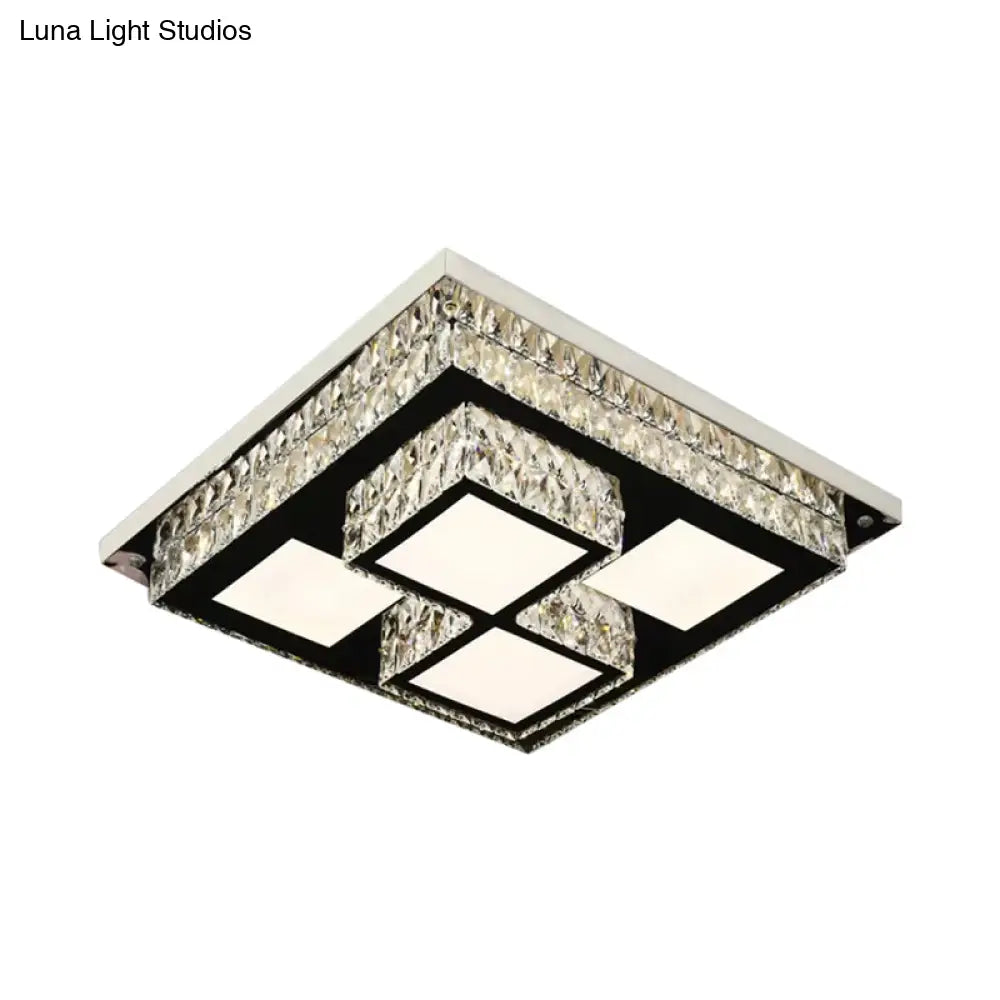 Simplicity Led Flush Mount Nickel Ceiling Light With Crystal Block Shade