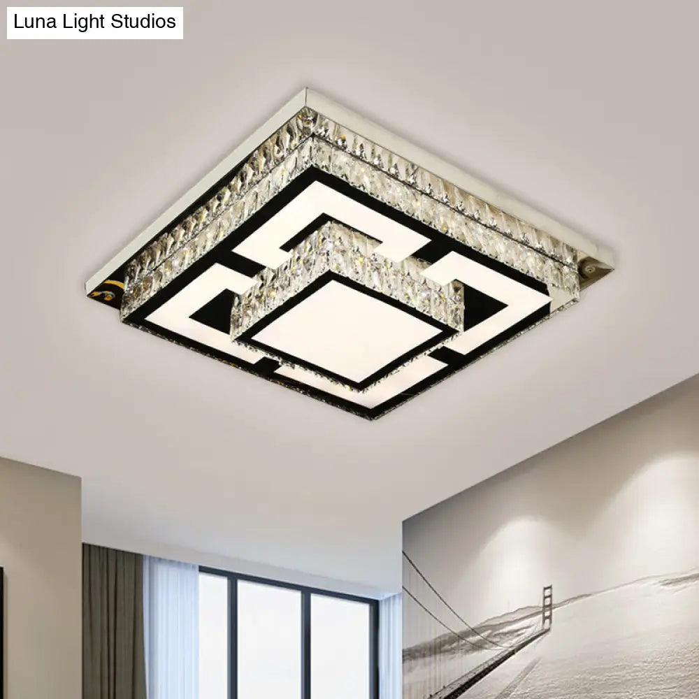 Simplicity Led Flush Mount Nickel Ceiling Light With Crystal Block Shade