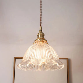 Simplicity Living Room Pendant Light Fixture With Clear Ribbed Glass Shade And Floral Design 1 /