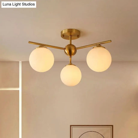 Simplicity Milk Glass Globe Semi Flush Mount Light - 3 - Bulb Antiqued Gold Ceiling Fixture