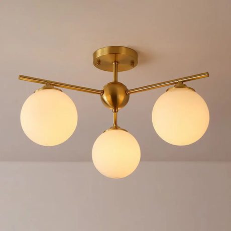 Simplicity Milk Glass Globe Semi Flush Mount Light - 3 - Bulb Antiqued Gold Ceiling Fixture / Small