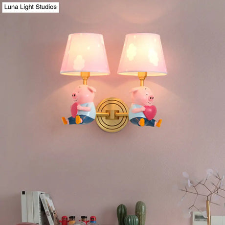 Simplicity Pink Tapered Shade Wall Mounted Light With Decorative Pig Accent