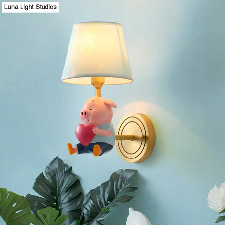 Simplicity Pink Tapered Shade Wall Mounted Light With Decorative Pig Accent