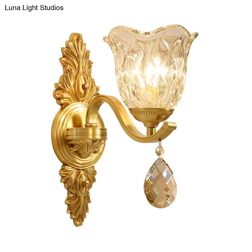 Simplicity Single Corridor Wall Light - Handblown Glass Scalloped Bell Lamp With Crystal Draping In