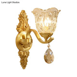 Simplicity Single Corridor Wall Light - Handblown Glass Scalloped Bell Lamp With Crystal Draping In