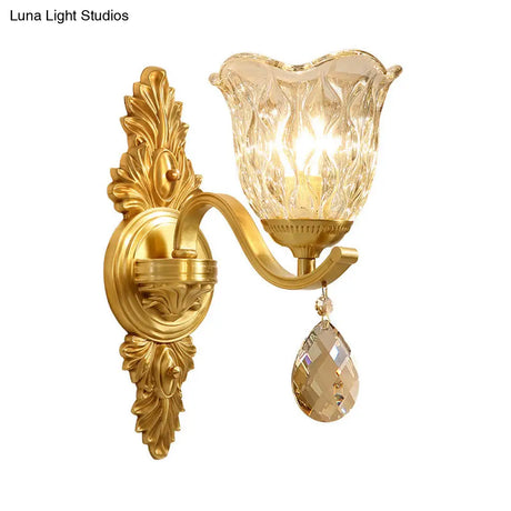 Simplicity Single Corridor Wall Light - Handblown Glass Scalloped Bell Lamp With Crystal Draping In