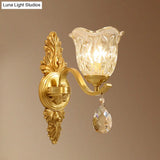 Simplicity Single Corridor Wall Light - Handblown Glass Scalloped Bell Lamp With Crystal Draping In