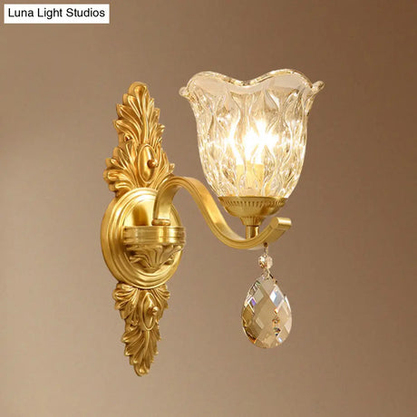 Simplicity Single Corridor Wall Light - Handblown Glass Scalloped Bell Lamp With Crystal Draping In