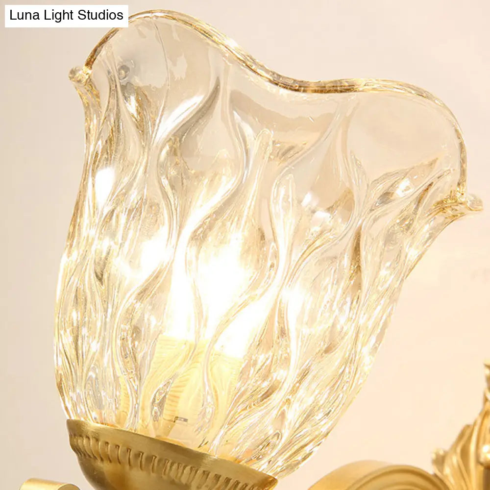 Simplicity Single Corridor Wall Light - Handblown Glass Scalloped Bell Lamp With Crystal Draping In