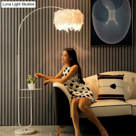 Simplicity White Drum Floor Lamp With Feather Accent Tray And Arc Arm