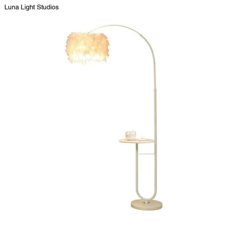 Simplicity White Drum Floor Lamp With Feather Accent Tray And Arc Arm