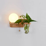 Simplicity White Glass Geometric Wall Sconce With Pull Chain - Single Corridor Light Wood Mounted /