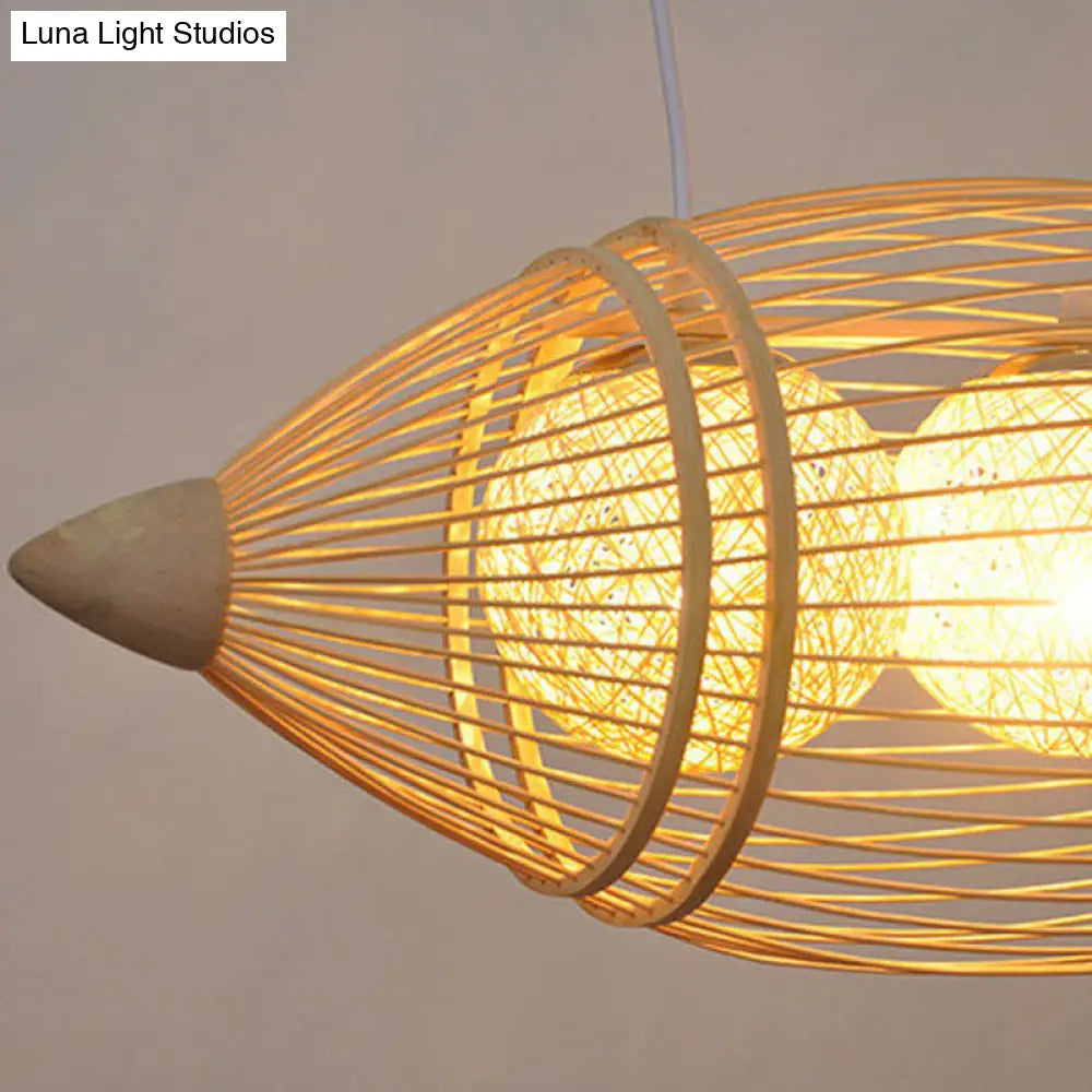 Simplicity Wood Fish Chandelier: 2-Bulb Bamboo Pendant Light For Restaurants