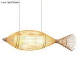 Simplicity Wood Fish Chandelier: 2-Bulb Bamboo Pendant Light For Restaurants