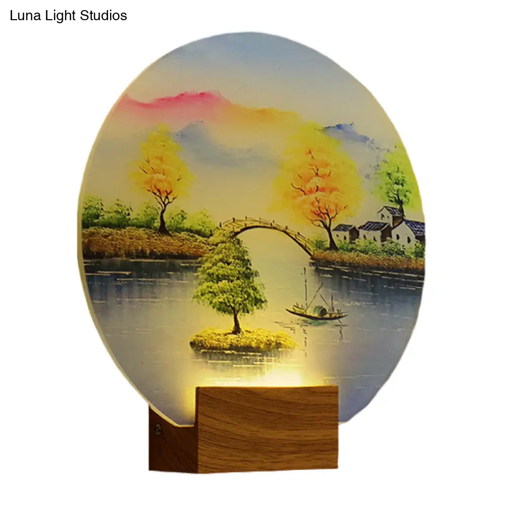 Simplified Led Mural Light: Acrylic Wood Circular Wall Fixture With Bridge And Water Design