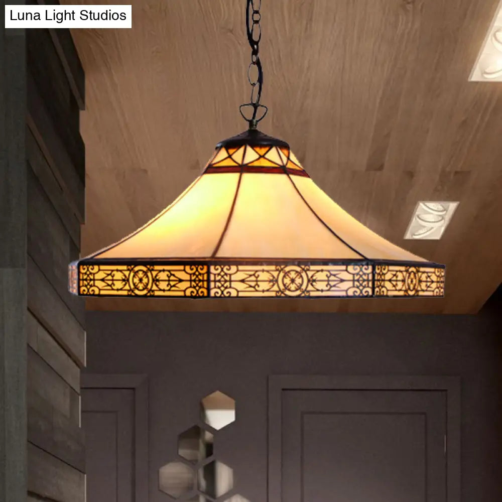 Single Bulb Stained Glass Tiffany-Style Cone Pendant Light In Beige For Living Room