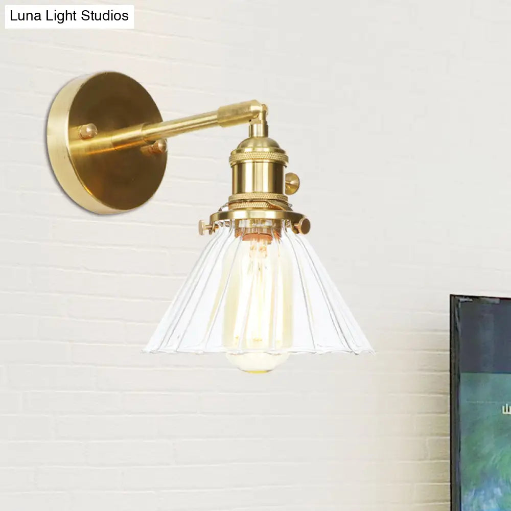 Single Light Vintage Cone Shade Wall Mount With Clear Ruffle Glass - Elegant Lighting