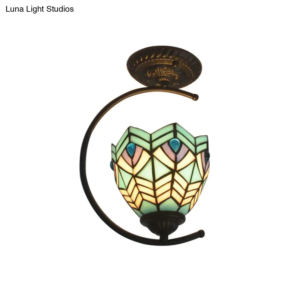 Sky Blue Tiffany Glass Semi Flushmount Ceiling Lamp - Bedroom Grid Dome Art Light
