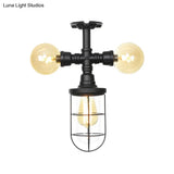 Sleek 3-Head Foyer Semi Flush Mount In Black With Clear Glass Ball/Capsule And Cage