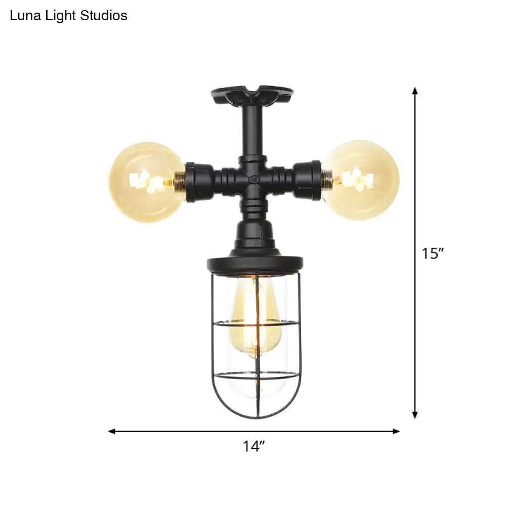 Sleek 3-Head Foyer Semi Flush Mount In Black With Clear Glass Ball/Capsule And Cage
