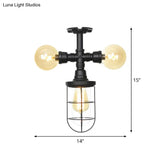 Sleek 3-Head Foyer Semi Flush Mount In Black With Clear Glass Ball/Capsule And Cage