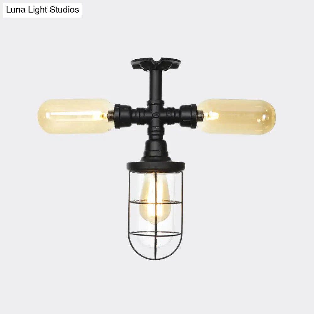 Sleek 3-Head Foyer Semi Flush Mount In Black With Clear Glass Ball/Capsule And Cage