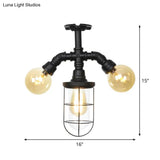 Sleek 3-Head Foyer Semi Flush Mount In Black With Clear Glass Ball/Capsule And Cage