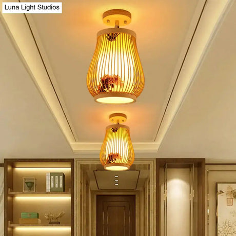 Sleek Asian Bamboo Geometric Semi Flush Mount Ceiling Light With Wood Finish