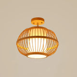 Sleek Asian Bamboo Geometric Semi Flush Mount Ceiling Light With Wood Finish / E