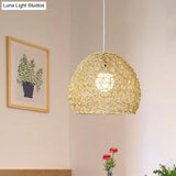 Sleek Bamboo Beige Pendant Light For Dining Room - Hemispherical Pendulum Design